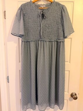 Smocked Swiss Dot Midi Dress in Dusty Blue
